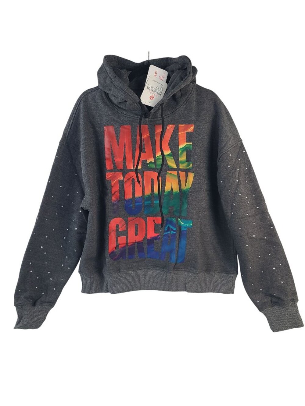 Make Today Great Oversized Charcoal Hoodie With Rhinestone Sleeves & Colorful - Picture 1 of 8